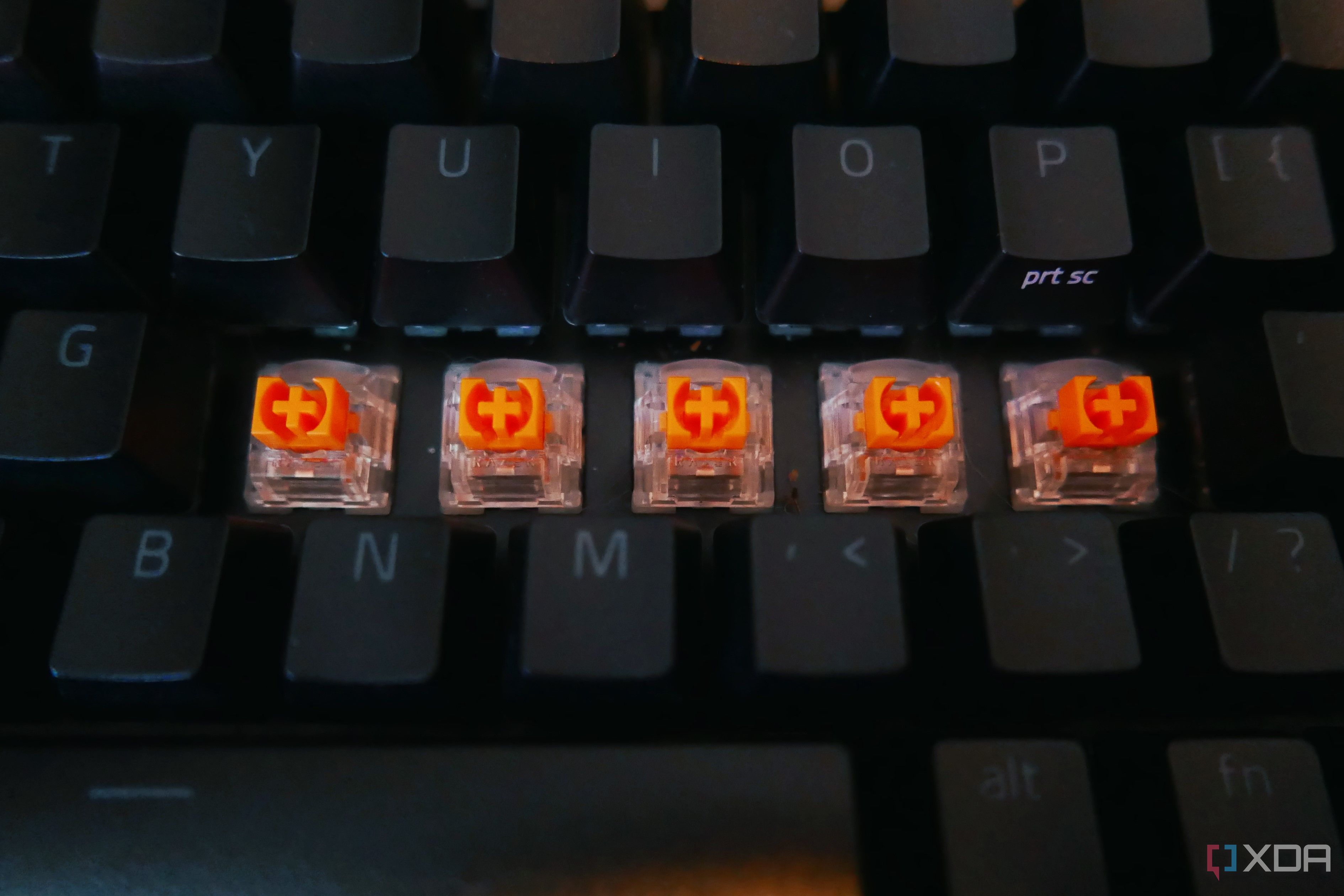 The orange switches inside the Razer BlackWidow V4 75%
