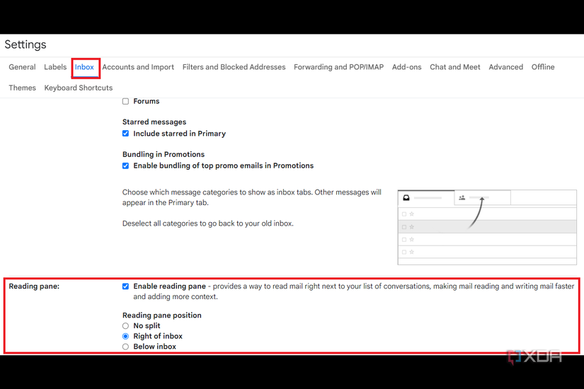 Reading pane set to Right of inbox in Gmail