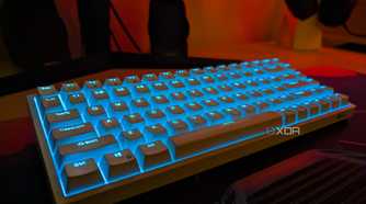 RK84 white keyboard with blue backlight on a desk
