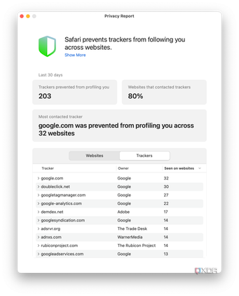 Safari's Privacy Report on the Mac.
