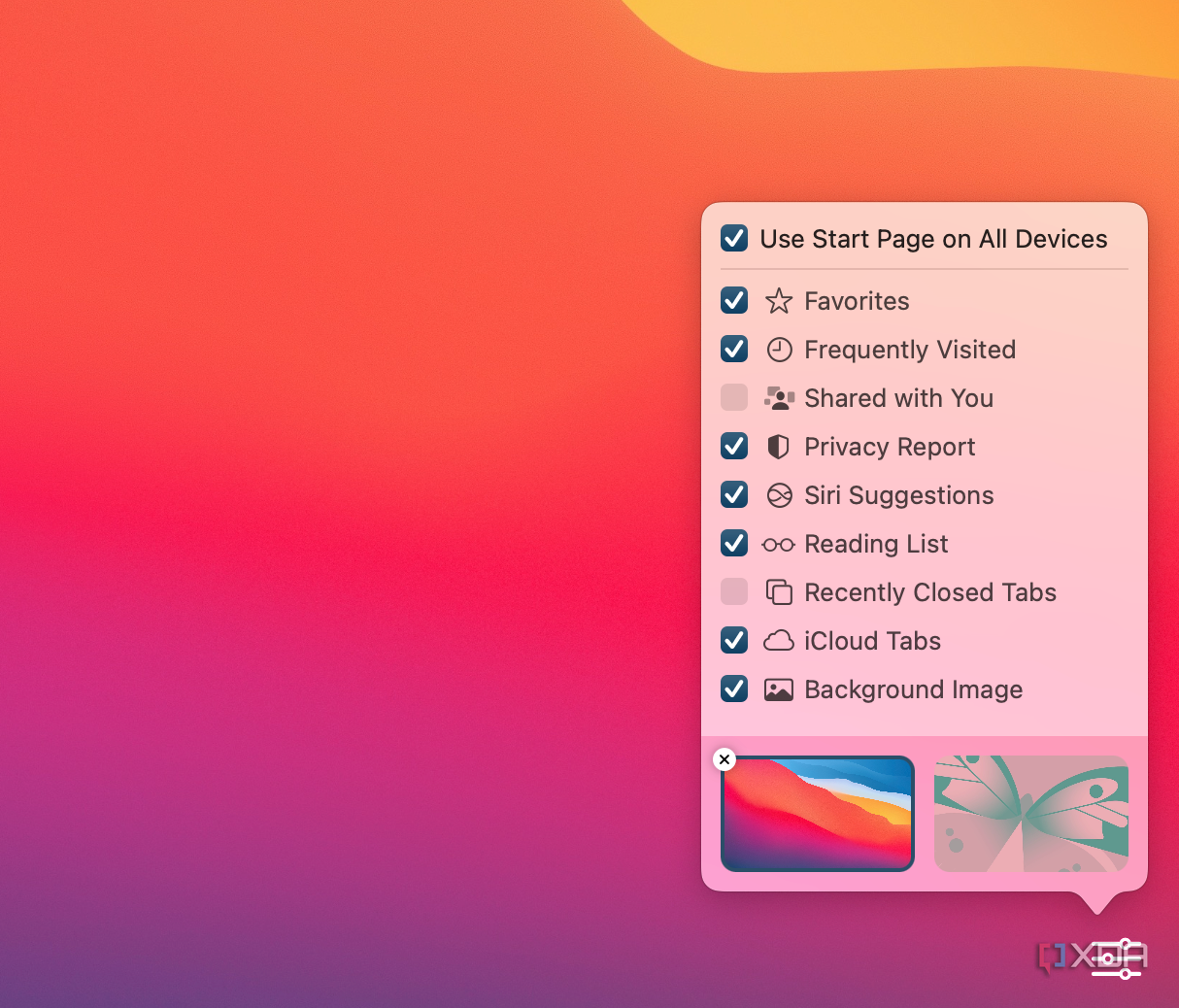 The Safari start page customization options on Mac.