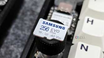 An image showing a Samsung EVO Plus SDXC V30 card placed on a rotary knob of a keyboard.