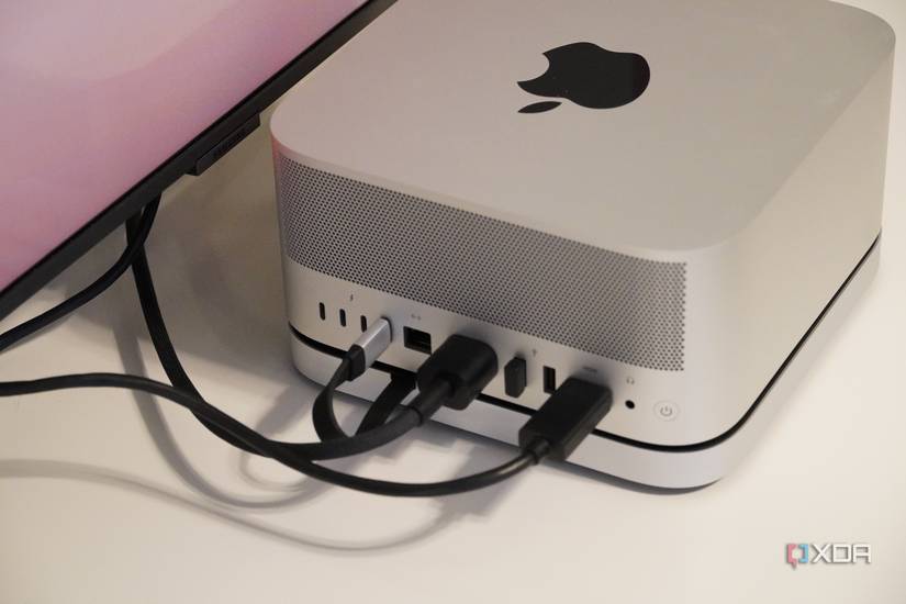 Cables going into a Mac Studio and Satechi Stand & Hub.