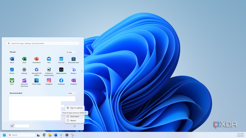 Shutdown PC from start menu