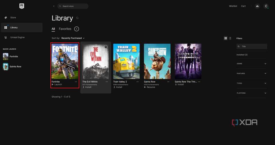 Epic Games Launcher with Fortnite highlighted