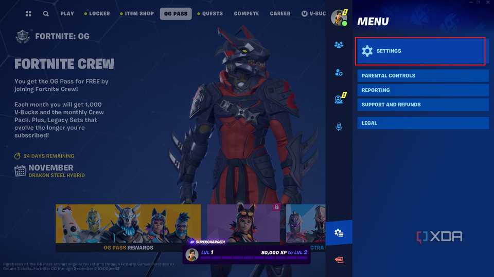 Fortnite with settings menu highlighted