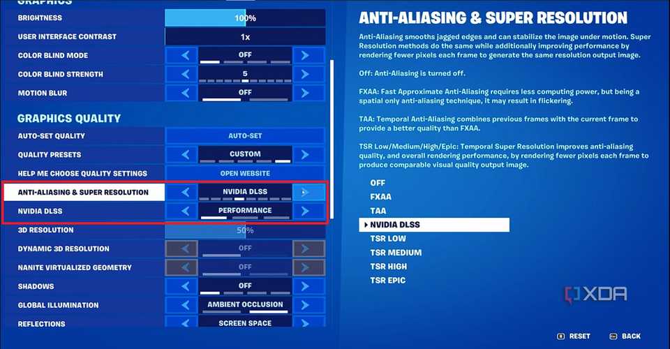 Fortnite graphics settings with DLSS highlighted