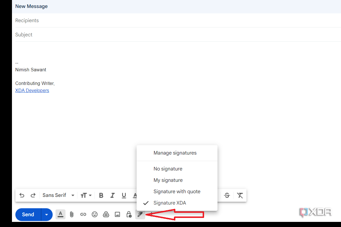 Signature options when composing new email