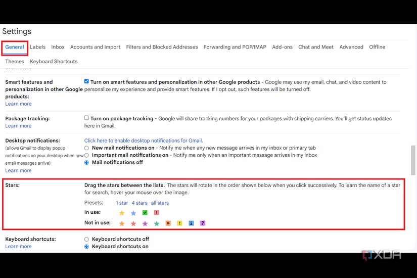 Stars option in Gmail settings 
