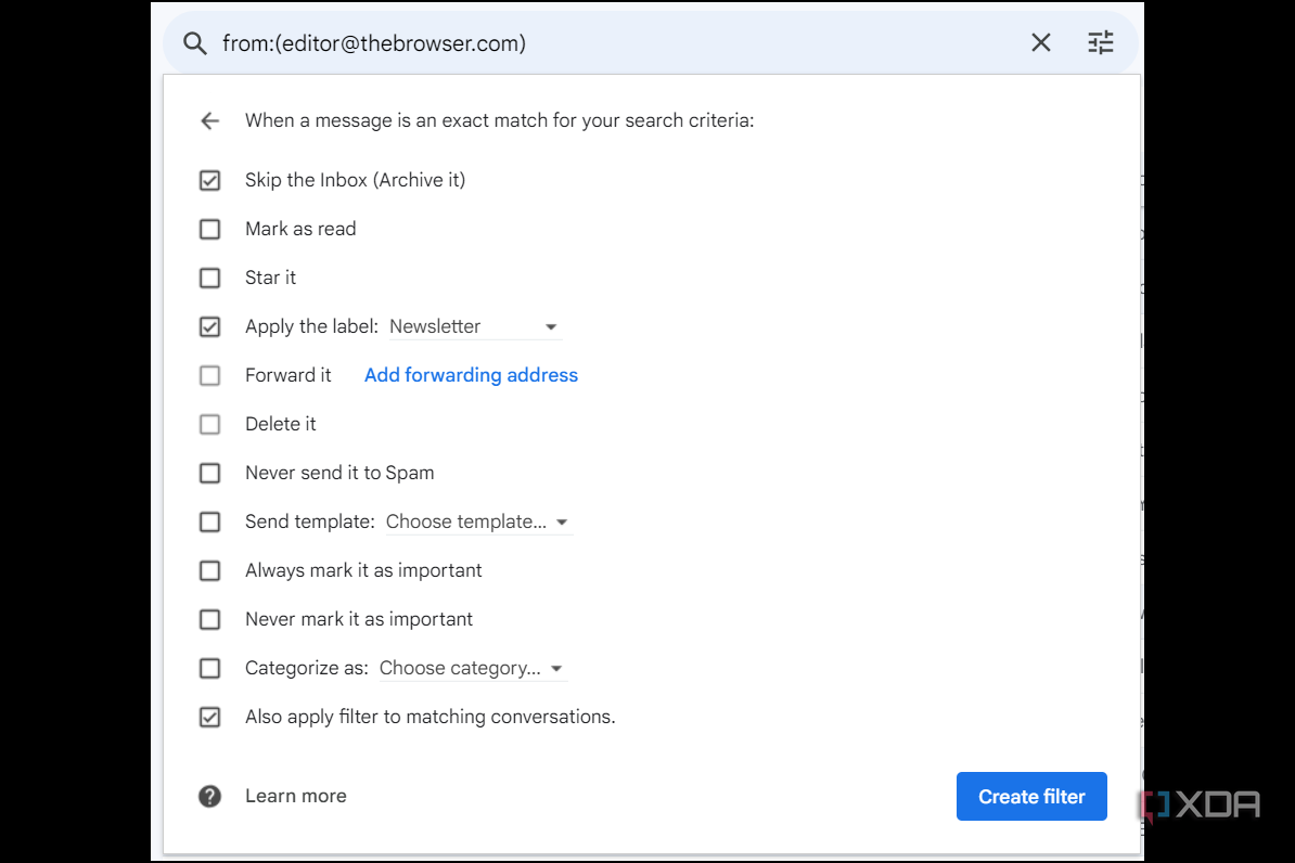 Adding more filtering options so that email from one sender skip the inbox in Gmail