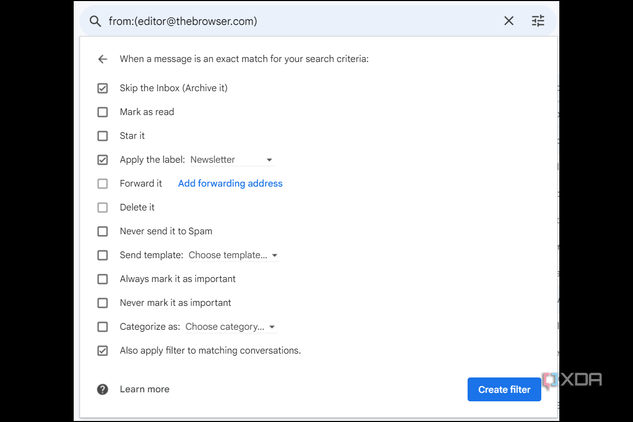 Adding more filtering options so that email from one sender skip the inbox in Gmail