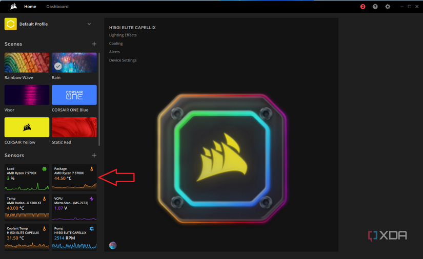 iCue Corsair control software monitoring temperature
