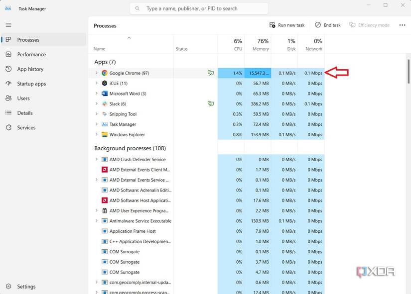 Windows task manager selecting a process