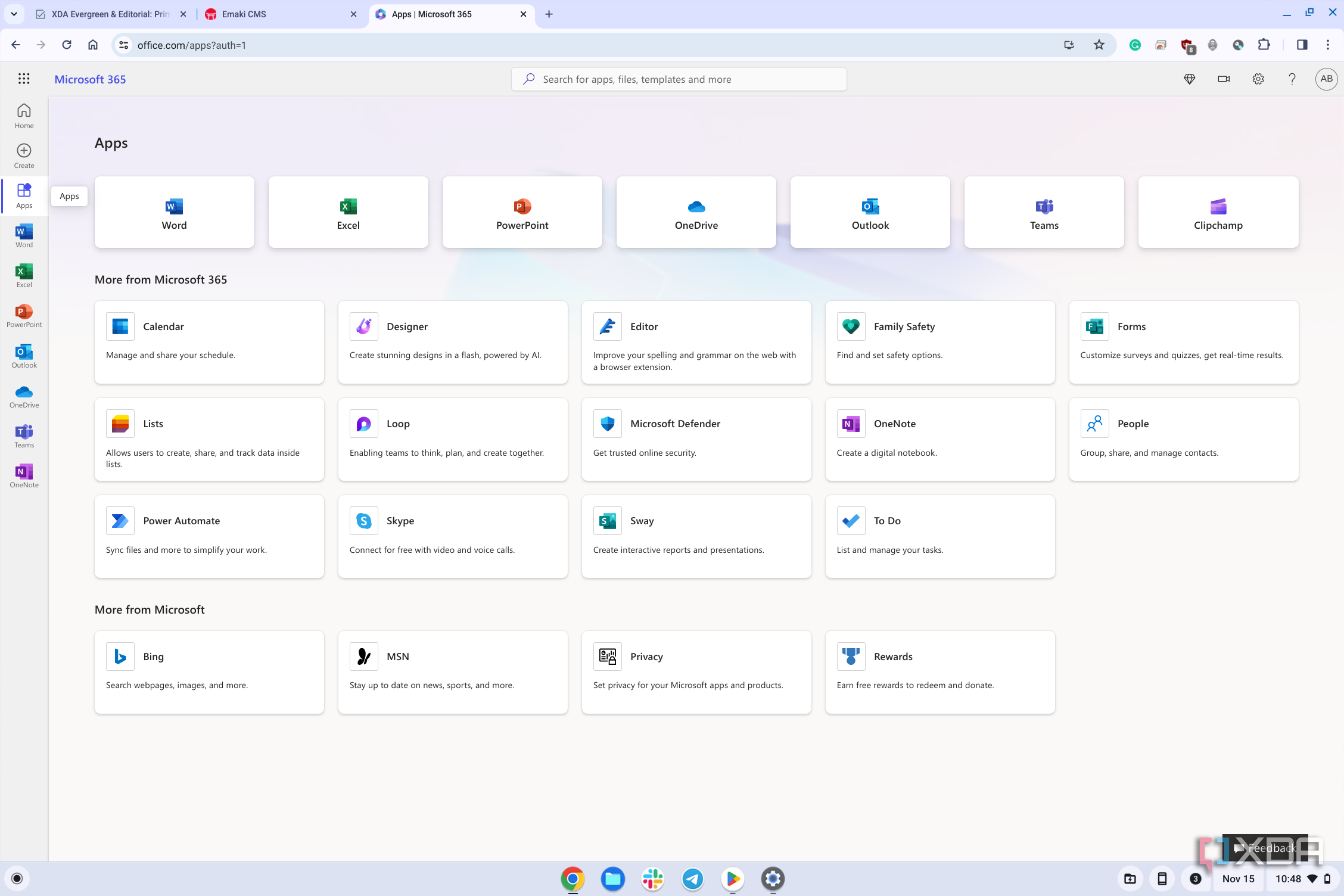 A list of Microsoft 365 apps