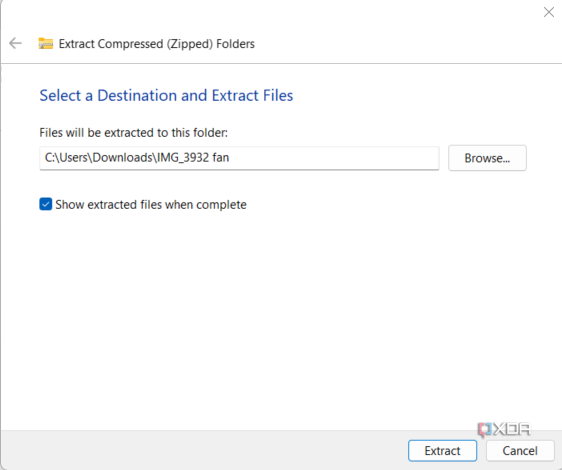 Select where to extract folder contents in Windows 11