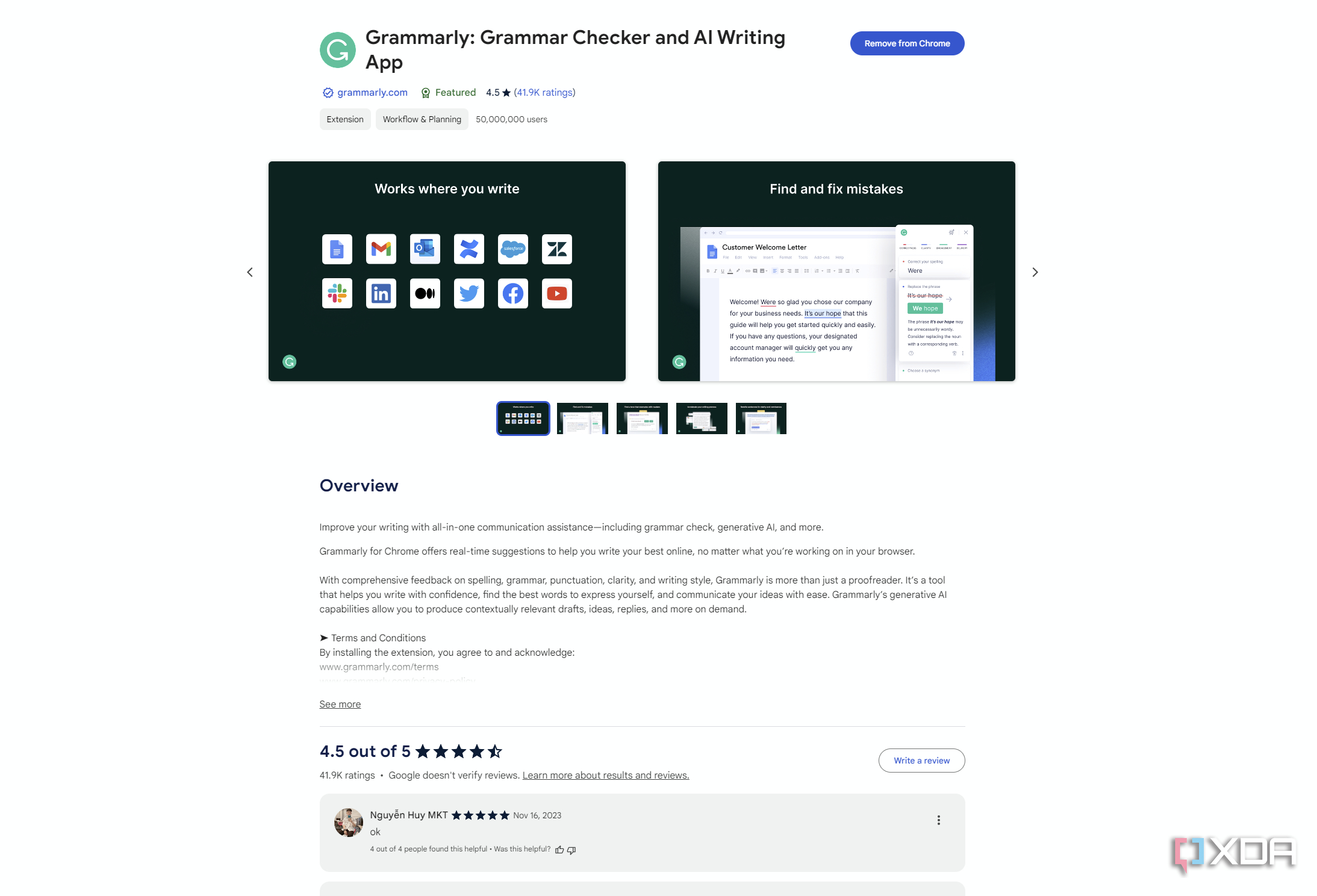 Grammarly for Chrome product listing