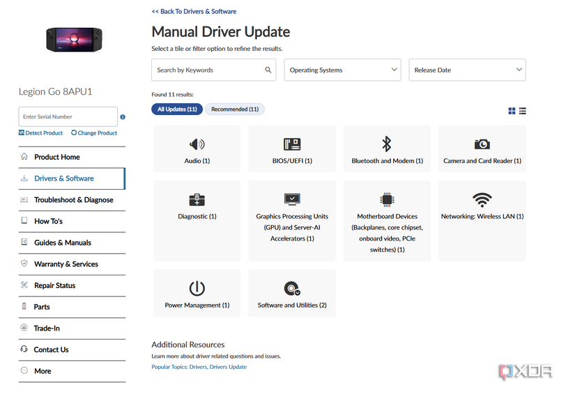 Selecting drivers on the Legion Go website