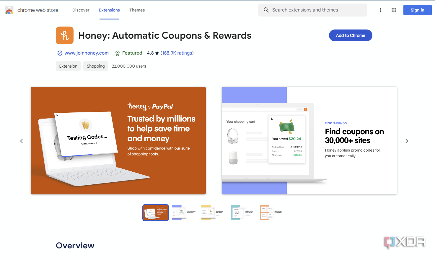 The listing for the Honey Shopping Extension