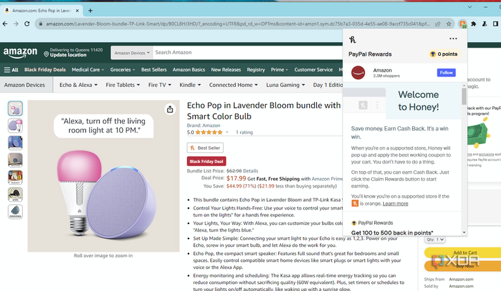 The Honey shopping extension on Amazon