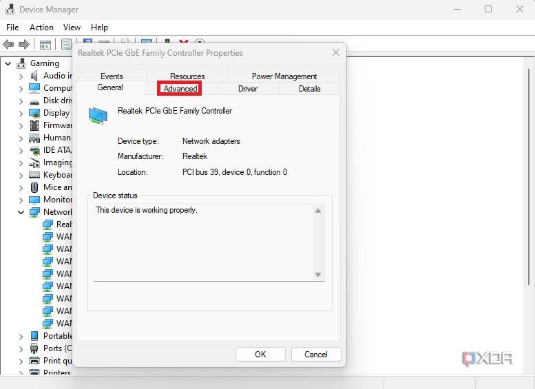 Windows Device Manager Advanced properties tab