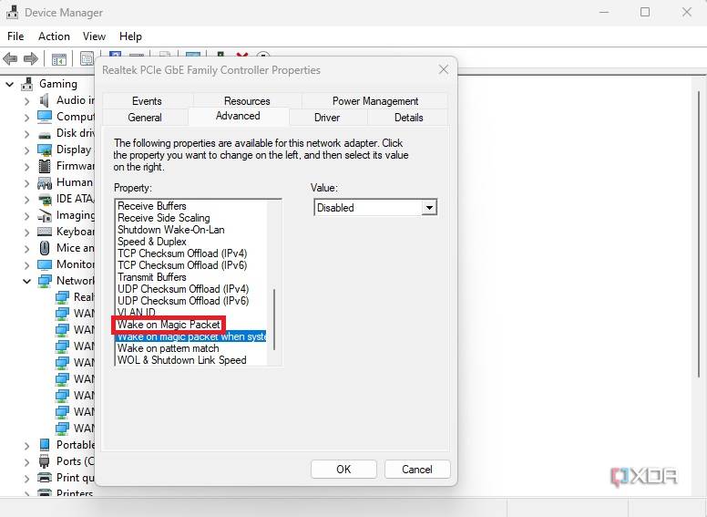 Windows Device Manager wake on lan properties