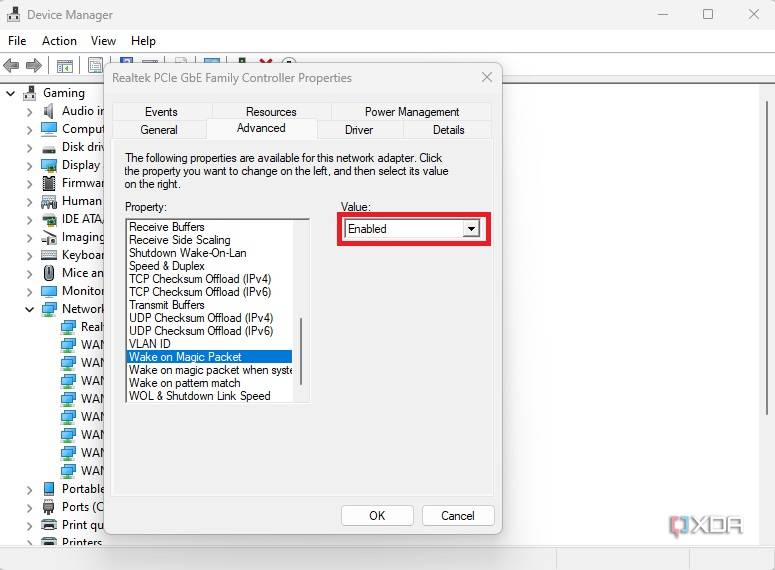 Windows Device Manager enable wake on lan