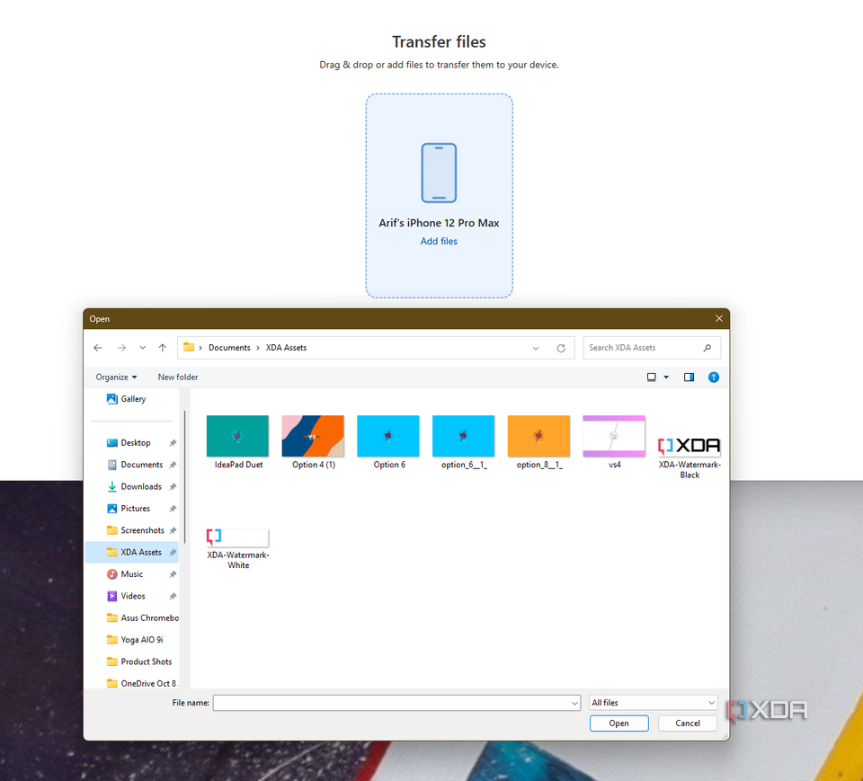 A screenshot of sending files over from a Windows 11 PC to an iPhone through Intel Unison