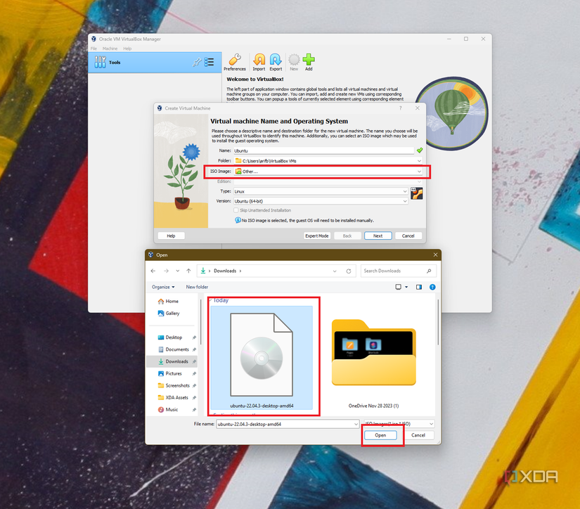 A screenshot of picking an ISO file to load into a virtual machine in Oracle ViirtualBox on Ubuntu