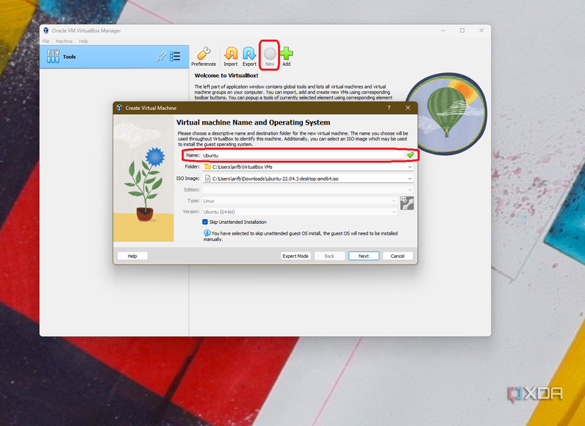 A screenshot of creating a new virtual machine in Oracle VirtualBox for Ubuntu on Windows 11