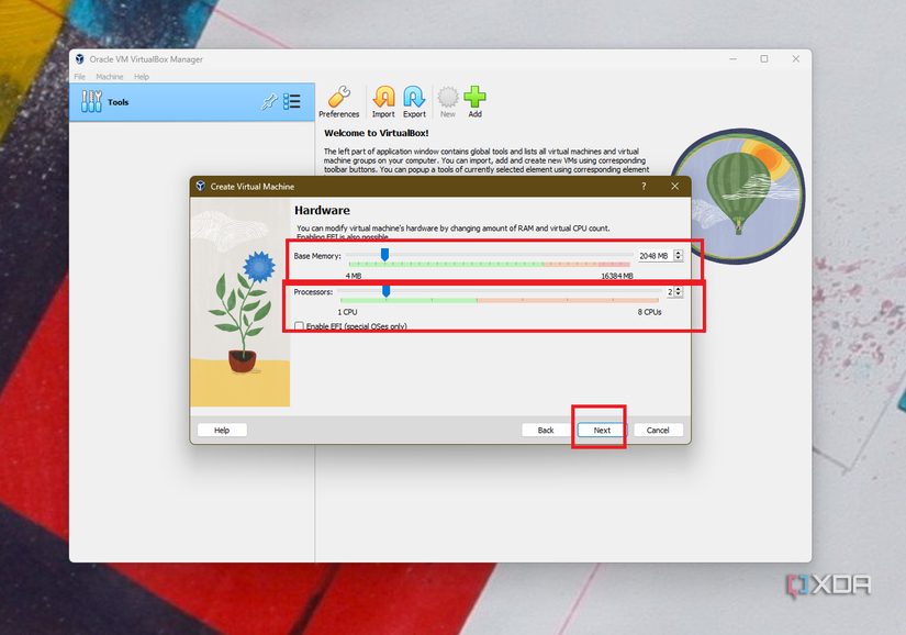 A screenshot of adjusting the base virtual memory for Ubuntu on VirtualBox on WIndows 11
