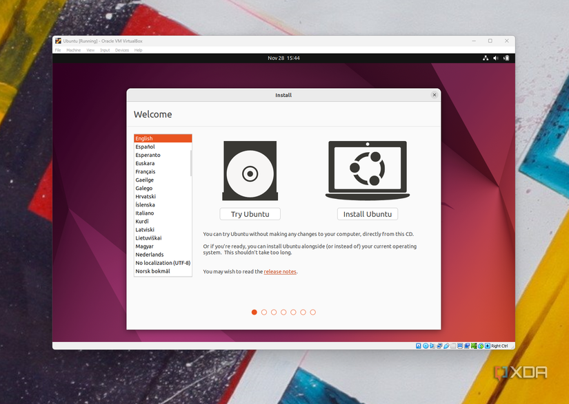 A screenshot of the initial installation screen on Ubuntu in Virtual Box