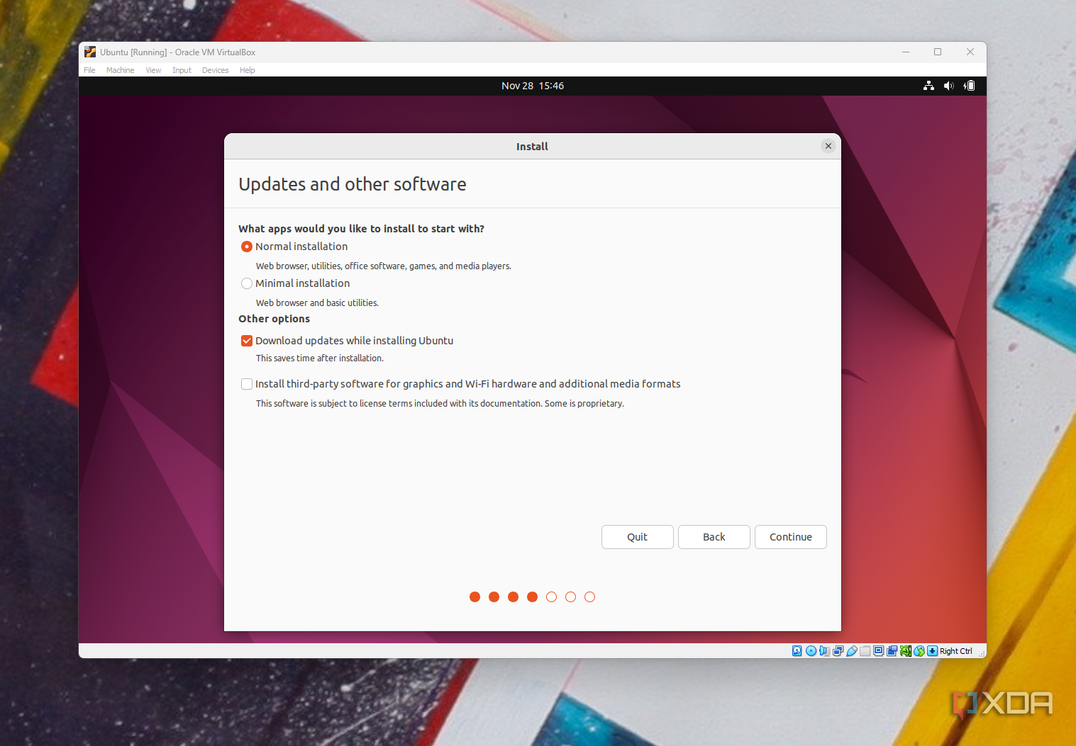 A screenshot of the installing updates option for Ubuntu in Virtual Box