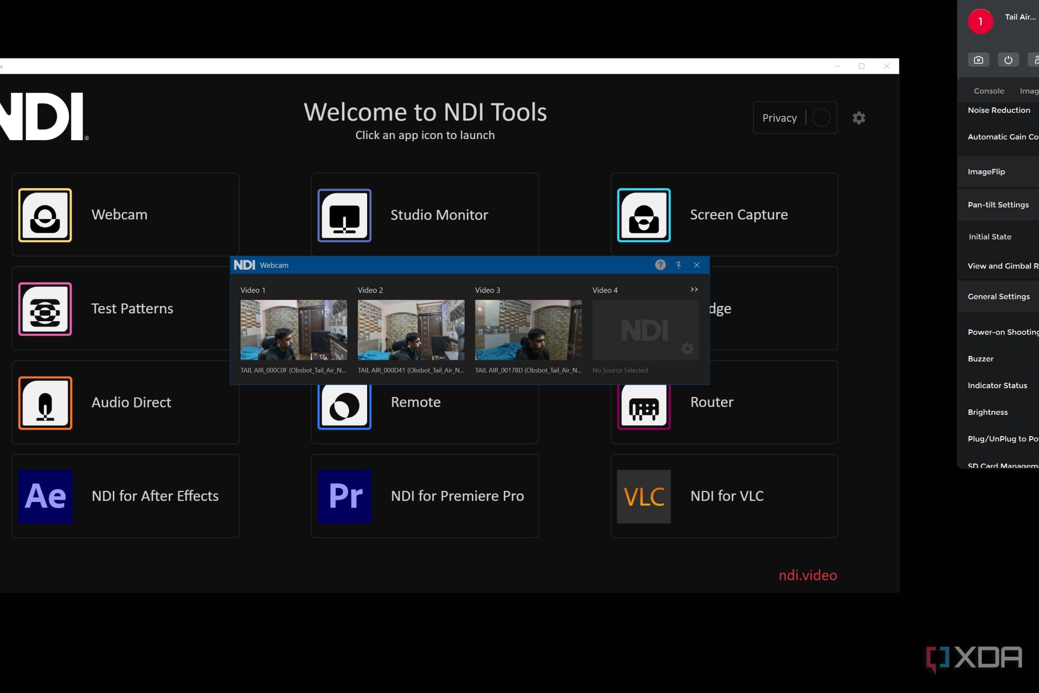 A screenshot of a PC running three OBSBOT Tail Air webcams in NDI mode
