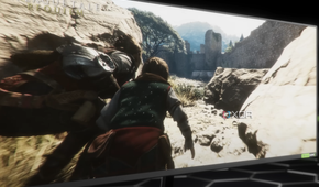 An image of a game on a widescreen monitor on Nvidia GeForce Now
