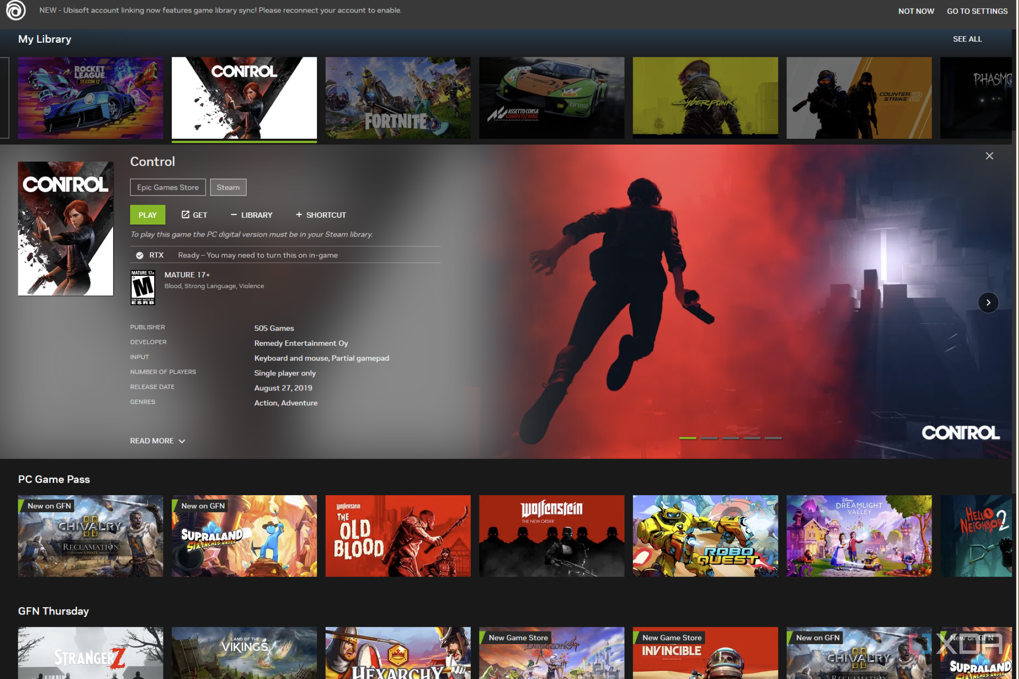 A listing for Control on Nvidia GeForce Now Ultimate