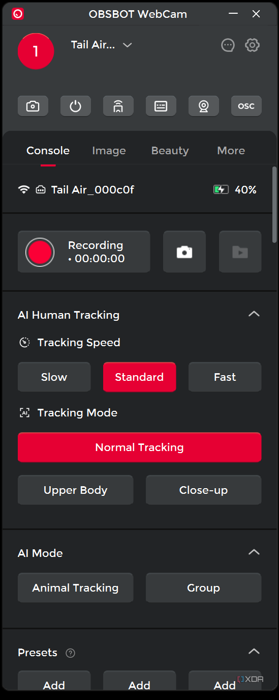 A sceenshot of the OBSBOT Tail Air PC app