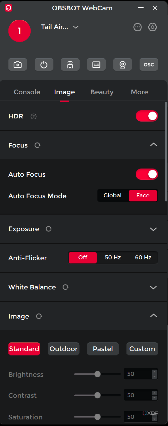 A sceenshot of the OBSBOT Tail Air PC app