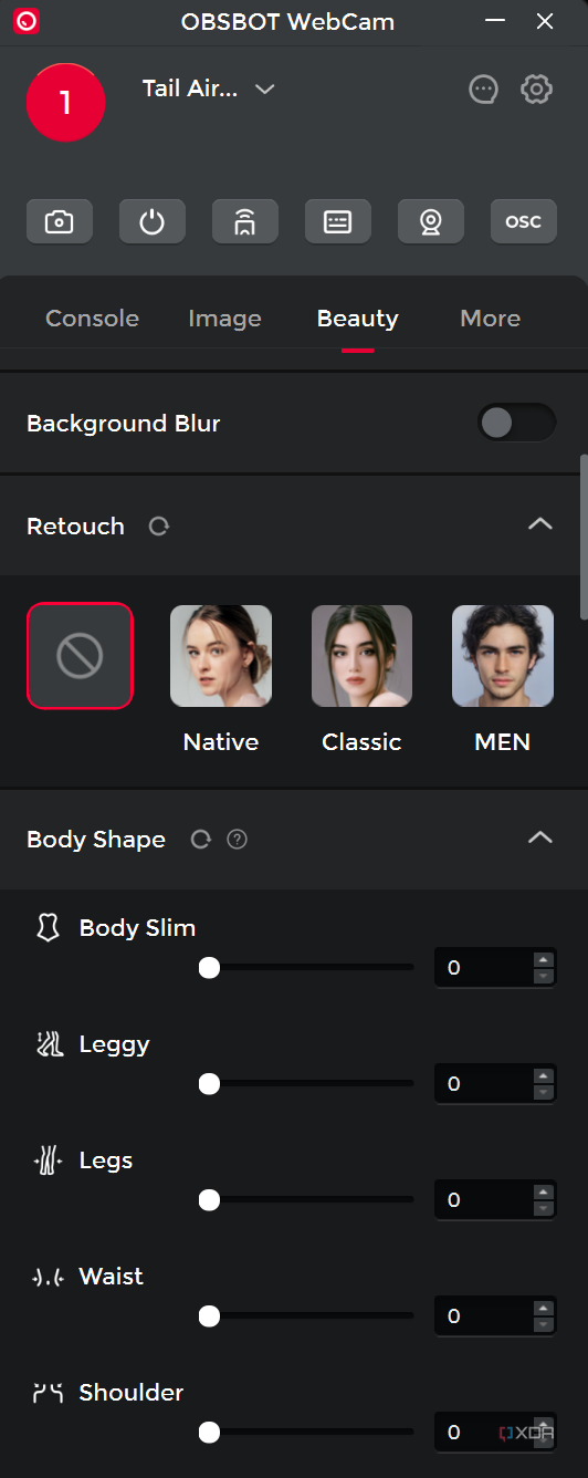 A sceenshot of the OBSBOT Tail Air PC app