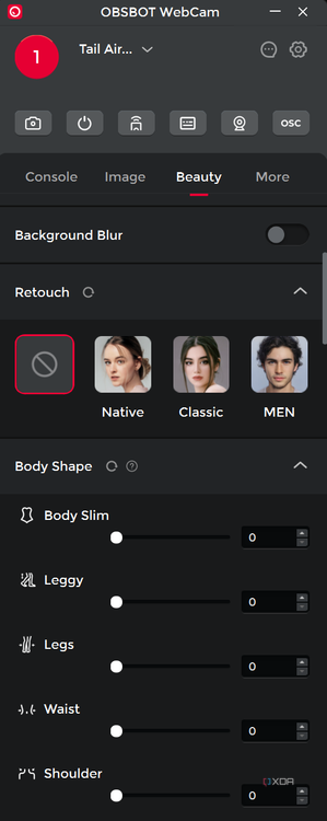 A sceenshot of the OBSBOT Tail Air PC app