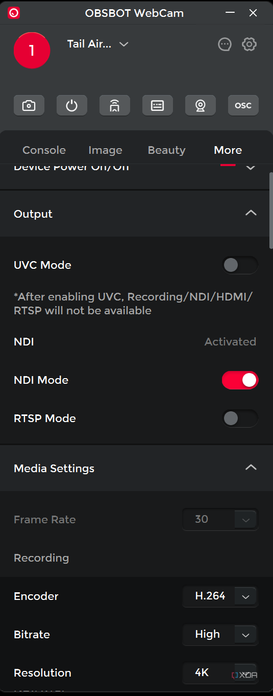A sceenshot of the OBSBOT Tail Air PC app