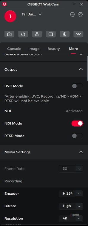 A sceenshot of the OBSBOT Tail Air PC app