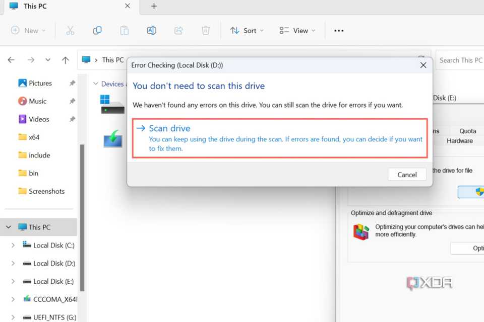 A screenshot of the Scan Drive option available via Windows Error Checking tool