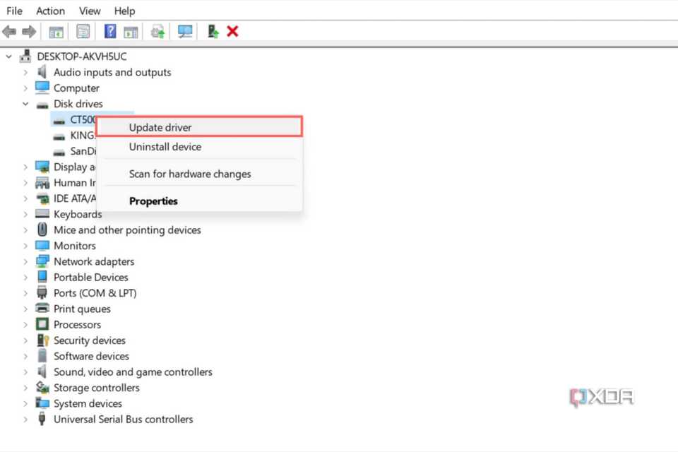 A screenshot of Device Manager with the Update driver option highlighted