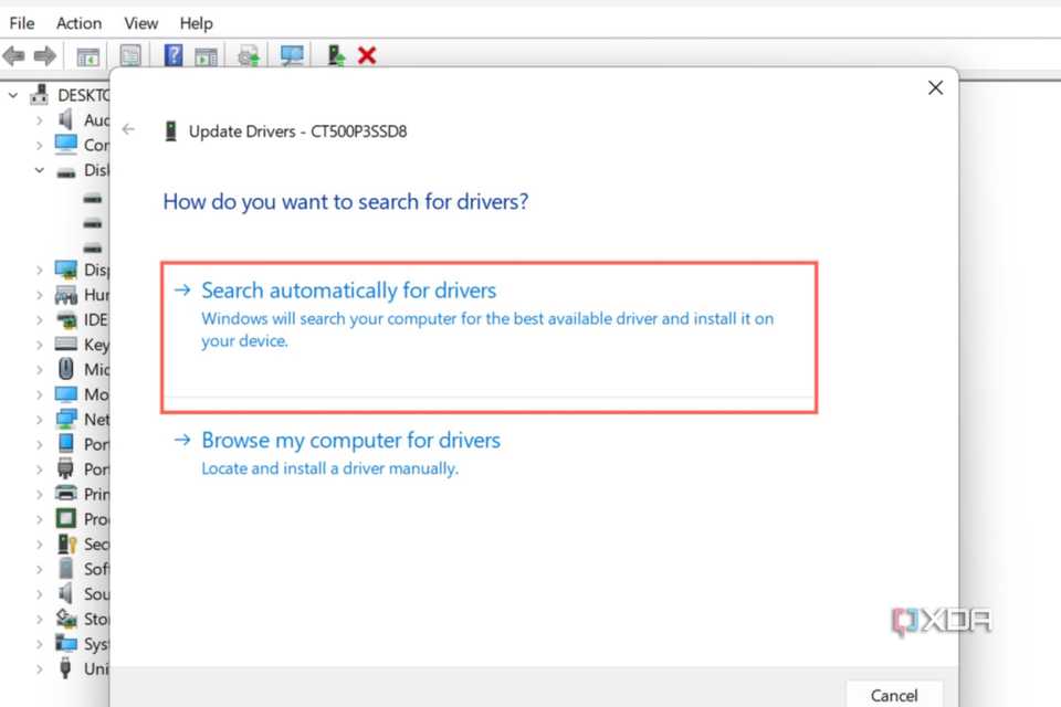 A screenshot of Device Manager with the Search automatically for drivers option highlighted