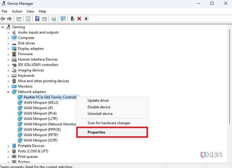 Windows Device Manager select properties under network adapters