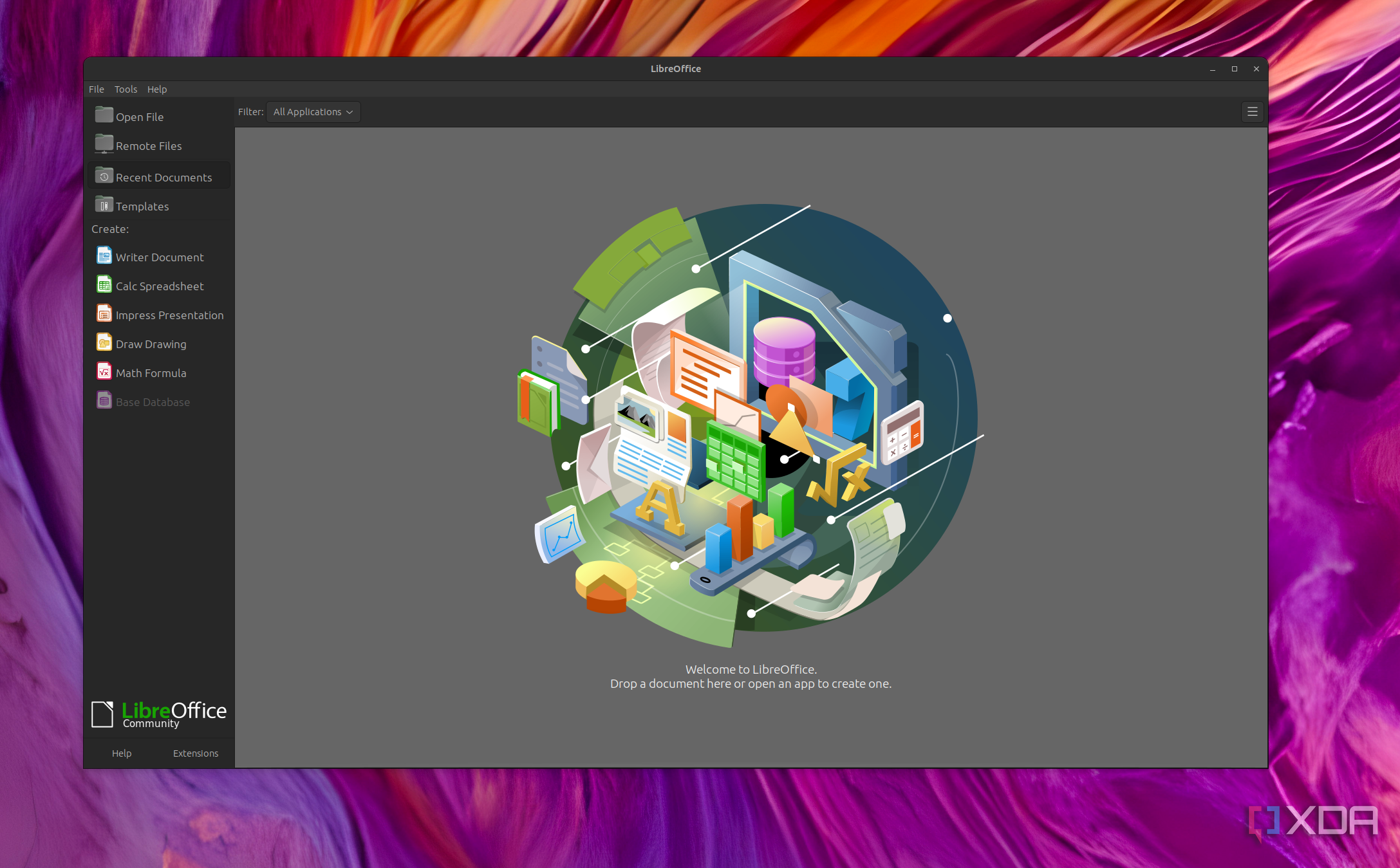 The Libre Office main page on Ububtu