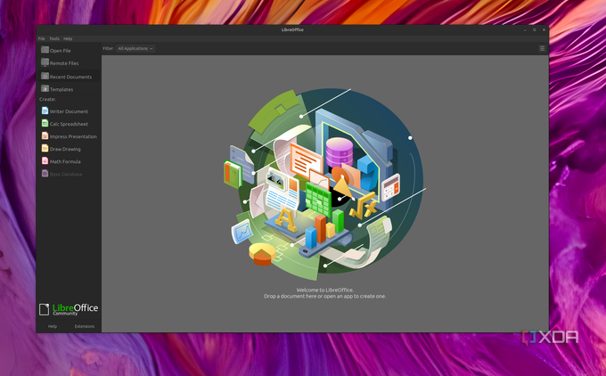 The Libre Office main page on Ububtu