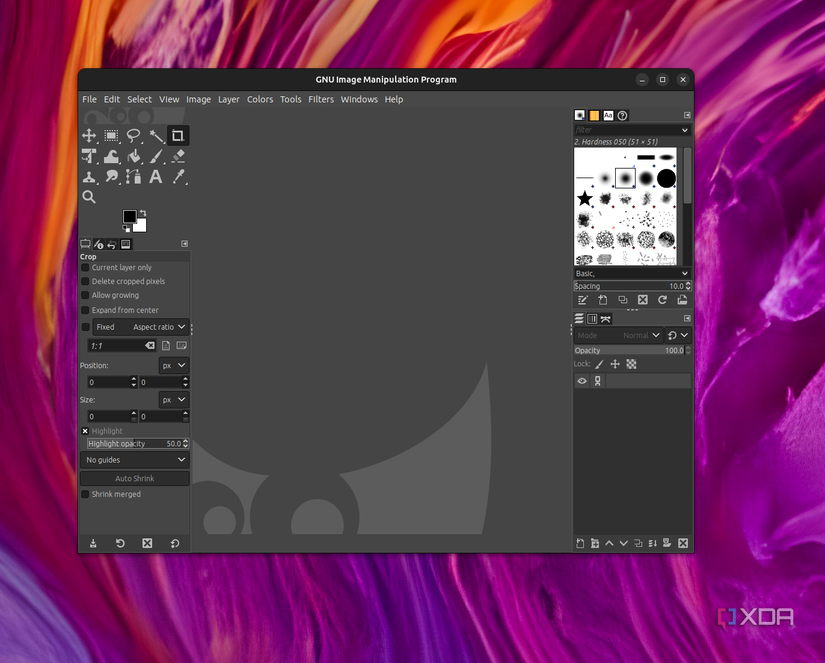 GIMP running with a blank canvas on Ubuntu