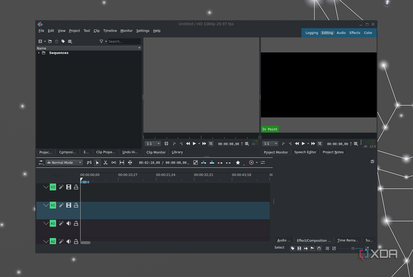 The KDEN Live video editor with a blank canvas running on Ubuntu