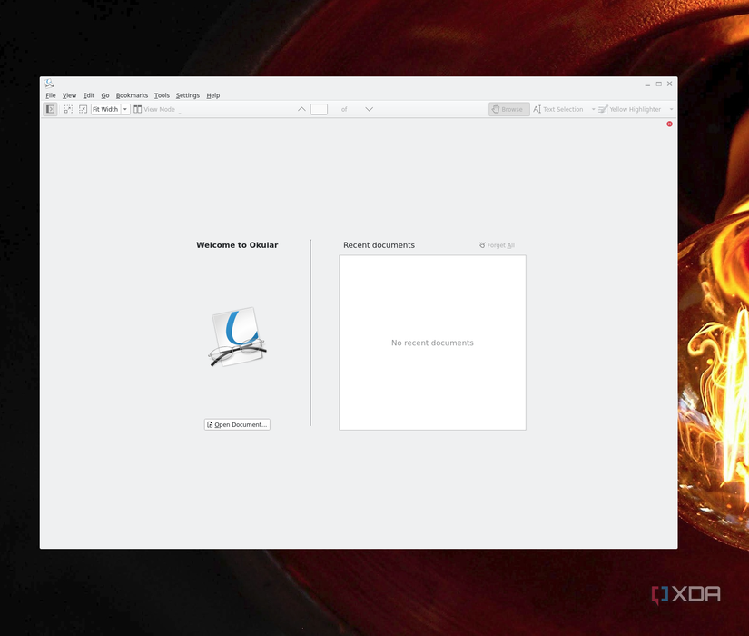 Okular reader open on Ubuntu with a blank start screen